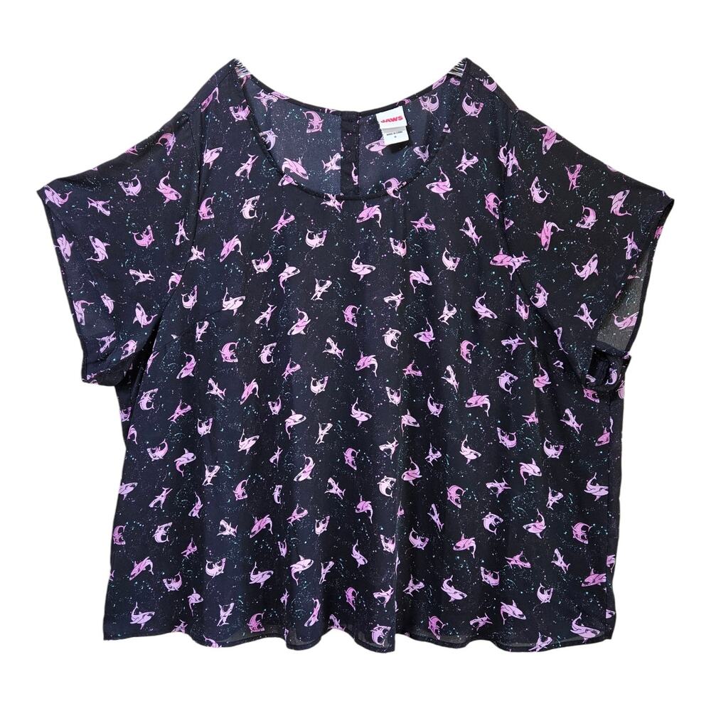 JAWS Women Plus 6X Tunic Blouse Sharks Pattern Purple Black Universal Studio 66"